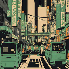 Anime Japan City retro halftone, anime and manga illustration Generative AI	
