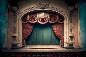 Empty theatre stage with curtains. Generative AI.
