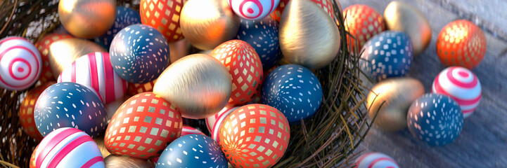 Vibrant patterned Easter eggs in a nest on a wooden table looking down 3d render