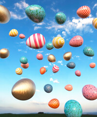 Vibrant falling Easter eggs on a clear blue sky day concept 3d render