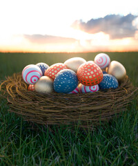 Multi coloured Easter eggs in a nest at sunset on a grass lawn 3d render