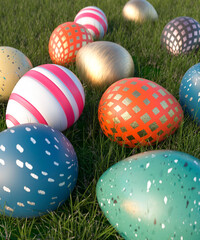 Selection of Easter eggs on a grass lawn on a bright sunny day 3d render