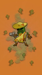 ilustración cactus cuatrero con ruana, bigote, botas, pistola guantes y sombrero, con fondo para wallpapers de smartphones 
