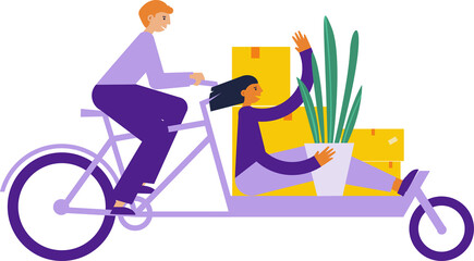 Couple moving from home or office to new life. Man and woman transport their belongings by cargo bike. Backfiets with home or office things and stuff. Flat illustration