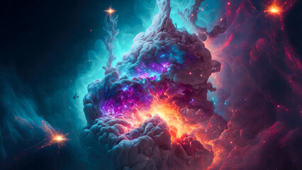 Glowing mysterious universe background. Colorful nebular galaxy illustration. Generative ai 