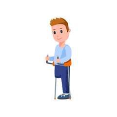 Cartoon boy without one leg vector illustration. Child with walking aid. Disability, health, accessibility concept