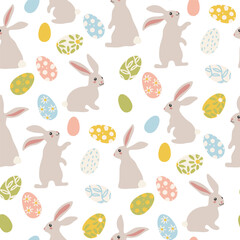 A pattern of gray Easter bunnies and colored painted Easter eggs. Different bunnies for kids. Rabbit or hare, a spring festive animal for Easter. Cartoon vector character made of fabric. Packaging