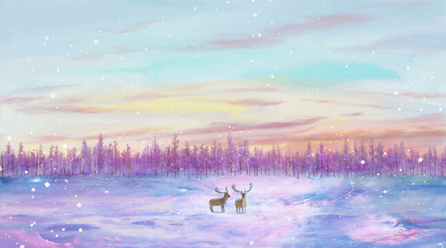 Fantasy Purple Snowy Elk Illustration