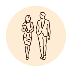 Businesswoman and businessman walking color line icon.  Pictogram for web page