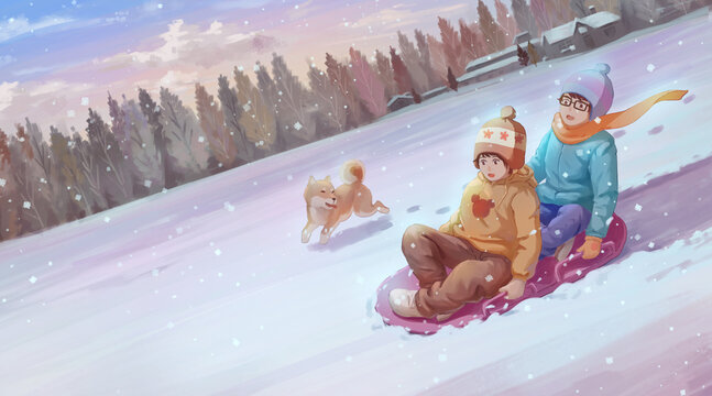 Little Friends In Winter Skiing Illustration hand drawn digital art, digital painting