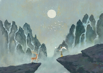 Teenagers And Deer In The Water Painting Illustration