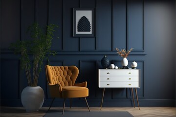 Commode with chair and decor in living room interior, dark blue wall mock up background. Generative AI