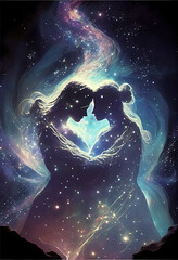 Obraz na płótnie Canvas Cosmic Love: A Timeless Portrait of Two Spiritual Beings Entwined in an Eternal Embrace, digital art created with generative ai