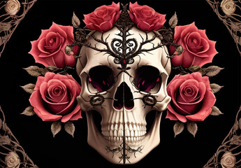 Skull and roses vector illustration. Dark fantasy.