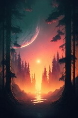 Sunset in a Peaceful Forest - AI Generated Illustration