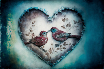 Valentine's day theme. Two birds in a heart. Created with Generative AI technology