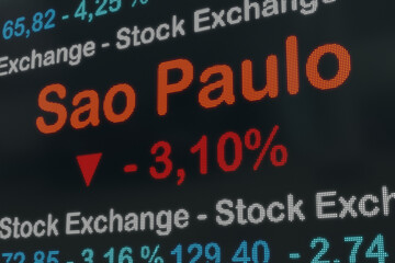 Sao Paulo stock exchange moving down. Brasil, Sao Paulo negative stock market data on a trading screen. Red percentage sign and ticker information. Stock exchange and business concept. 3D illustration