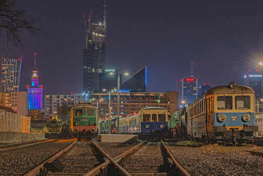 Railway Museum in Warsaw and its old historic electric trains and steam locomotive.