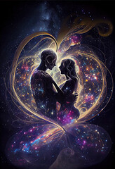 Cosmic Love: A Timeless Portrait of Two Spiritual Beings Entwined in an Eternal Embrace, digital art created with generative ai