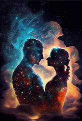 Cosmic Love: A Timeless Portrait of Two Spiritual Beings Entwined in an Eternal Embrace, digital art created with generative ai