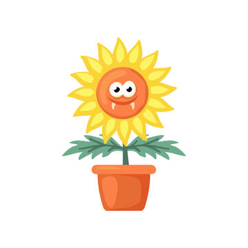 Cute sunflower with fangs vector illustration. Cartoon drawing of funny spooky Halloween character in flowerpot isolated on white background. Halloween, fantasy concept