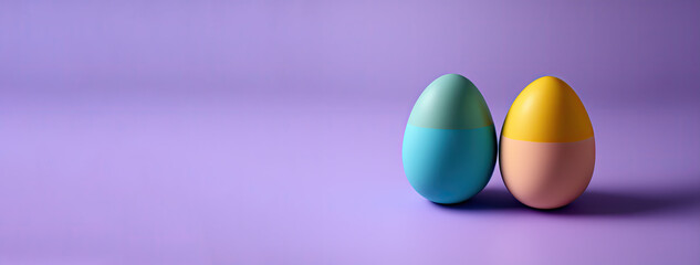 Stylish easter eggs on purple background. Modern naturally dyed green and yellow easter eggs. Happy Easter. Simple, minimalist. Banner, card copy space. Generative AI