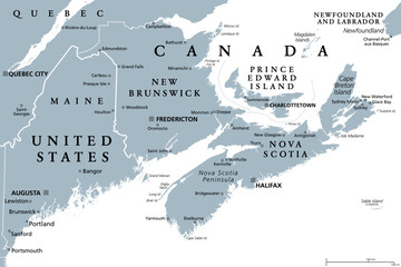 The Maritimes region of Eastern Canada, also called Maritime provinces, gray political map, with capitals, borders and large cities. The provinces New Brunswick, Nova Scotia, and Prince Edward Island.