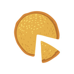 Top view of round pie with piece isolated on white background. Homemade food vector illustration. Restaurant, cuisine, food concept