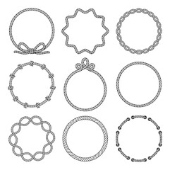 Rope. Set of various rope frames and round decorative elements. Frames, laces, knots and decorations. Nautical rope. Isolated black outline. Vector illustration
