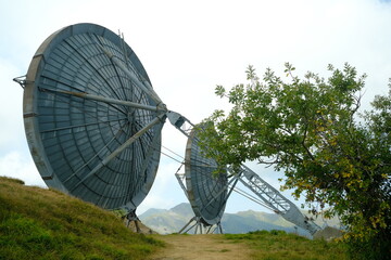 Military base. Parabolic antennas of an abandoned military base.Large dishes placed on a mountain, used in the past for radio transmissions. 
