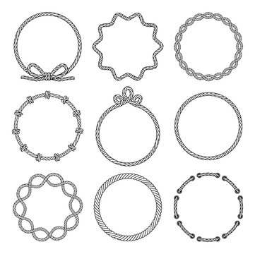 Rope. Set of various rope frames and round decorative elements. Frames, laces, knots and decorations. Nautical rope. Isolated black outline. Vector illustration