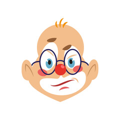 Annoyed clown wearing glasses vector illustration. Facial expression of cartoon character with eye and mouth makeup isolated on white background. Emotions, circus concept
