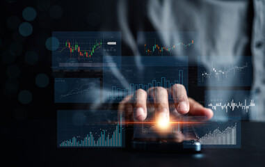Business planning and strategy concept. Stock market, Business growth, progress or success. Businessman use smartphone for trader is showing a growing virtual hologram stock, invest in trading...