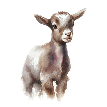 Cute baby goat in brown colors. Watercolor illustration created with Generative Ai technology