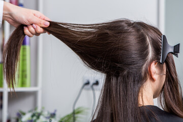 Fototapeta premium A straight healthy brunette hair that has undergone the hair straightening procedure. straight, shiny and healthy brunette hair