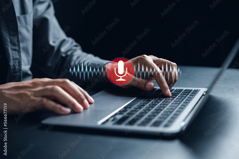 Poster Businessman voice recording the conversation via computer with customers, telemarketing, consulting, voice assistance access to information and applications, write a message and send a message.