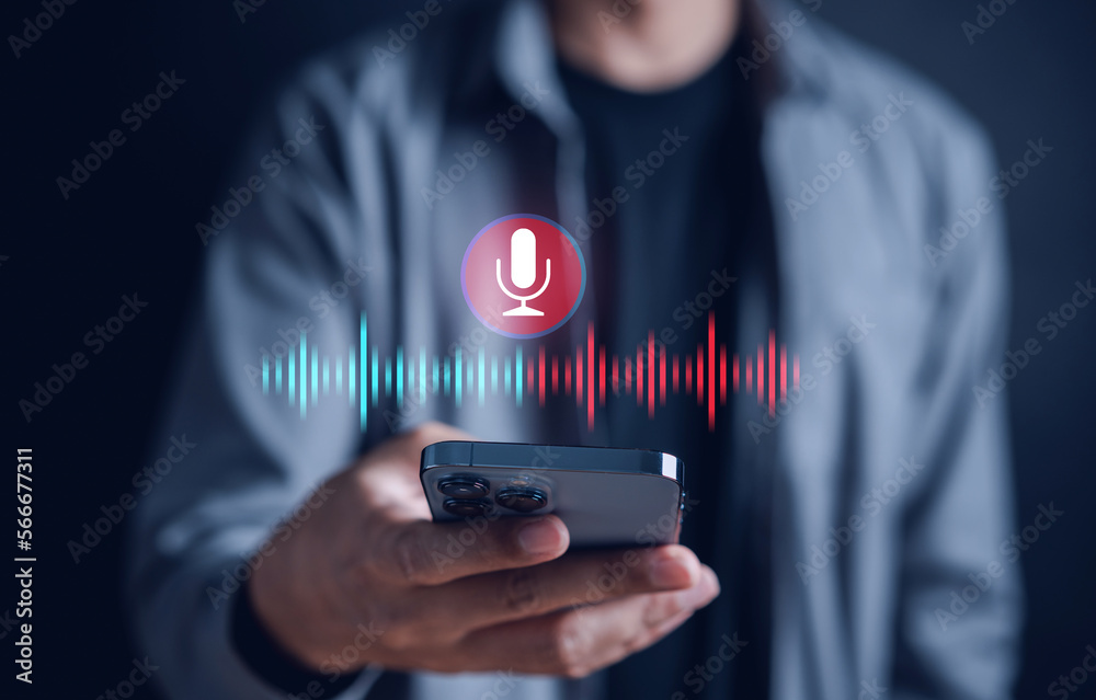 Poster Businessman voice recording the conversation via smartphone with customers, telemarketing, consulting, voice assistance access to information and applications, write a message and send a message.