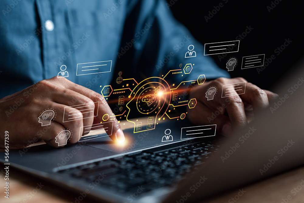Poster Chat with AI Artificial Intelligence. Businessman using chatbot in computer smart intelligence Ai, artificial intelligence developed by OpenAI. Futuristic technology, robot in online system.