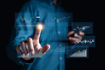 Business planning and strategy concept. Stock market, Business growth, progress or success. Businessman use smartphone for trader is showing a growing virtual hologram stock, invest in trading...