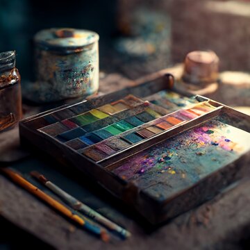 Painting Colors Pallet Drawing Photo Realistic. Generative Ai