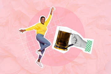 Magazine creative template collage of youth lady drink fresh high quality pub beer celebrate festive occasion