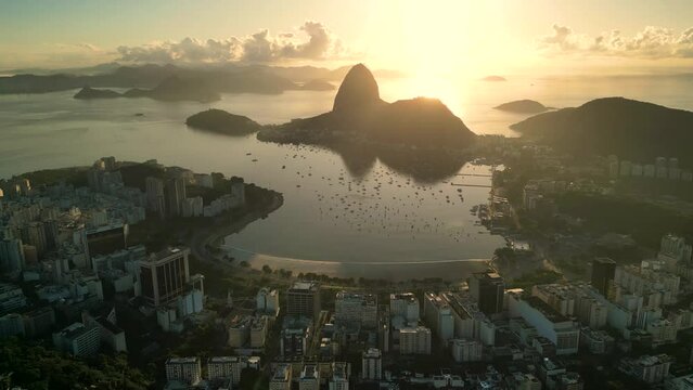 View of Rio de Janeiro With the Sugarloaf Mountain and Botafogo Beach on Golden Sunrise