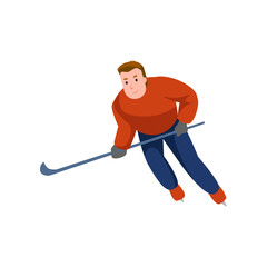Obraz premium Active happy man playing hockey vector illustration. Male character with hockey equipment skating cartoon vector illustration. Winter activities concept