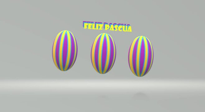 4k v&iacute;deo. Feliz pascua en espa&ntilde;ol con huevos de colores  en 3d flotando de un lado a otro sobre un fondo claro