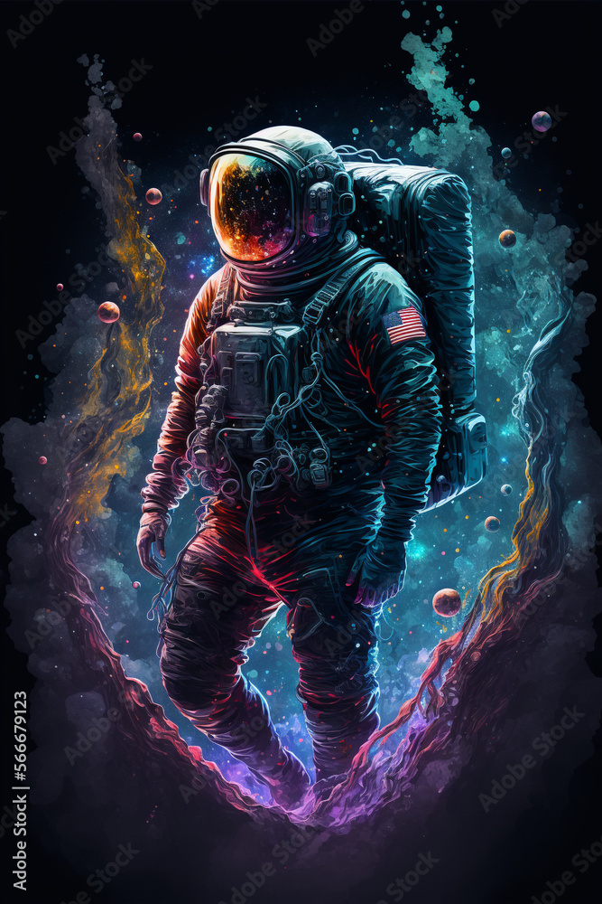 Wall mural generative ai astronaut floating zero gravity in outer space. discovery, exploration concept