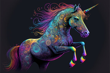 Colorful unicorn in a psychedelic style background, generative ai.