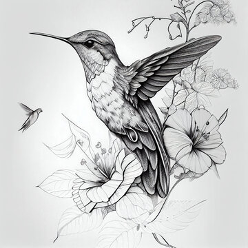 how to draw a hummingbird and flower