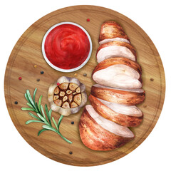 Wooden board with fried chicken breast and sauce. Watercolor illustration