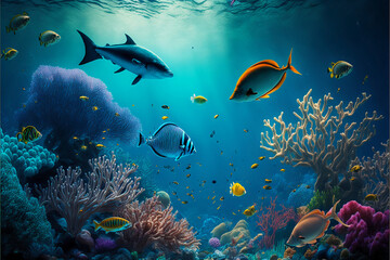 Obraz na płótnie Canvas Underwater ocean with coral reefs and colorful fish, generated ai