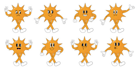 A set of sun cartoon groovy stickers with funny comic characters, gloved hands. Modern illustration with legs and arms.